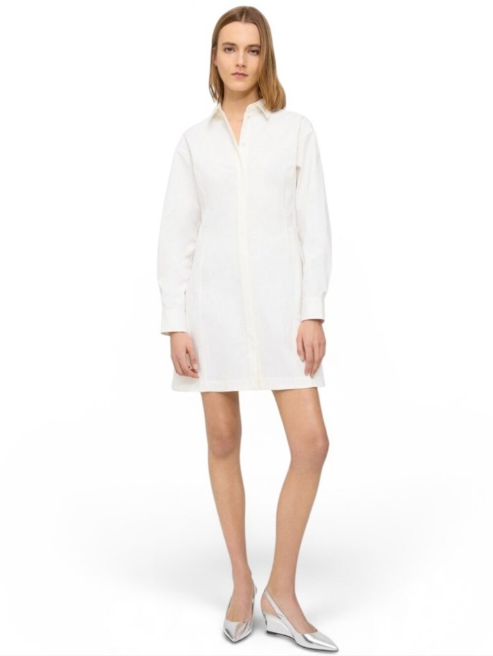 Theory Sculpted Long Sleeve Bottom Front White Shirt Mini Dress